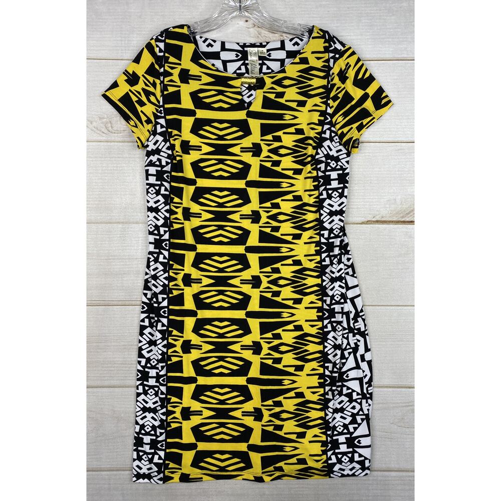 Emma & Michele Dress Womens M Yellow Black Short Sleeve Stretch Knit Keyhole